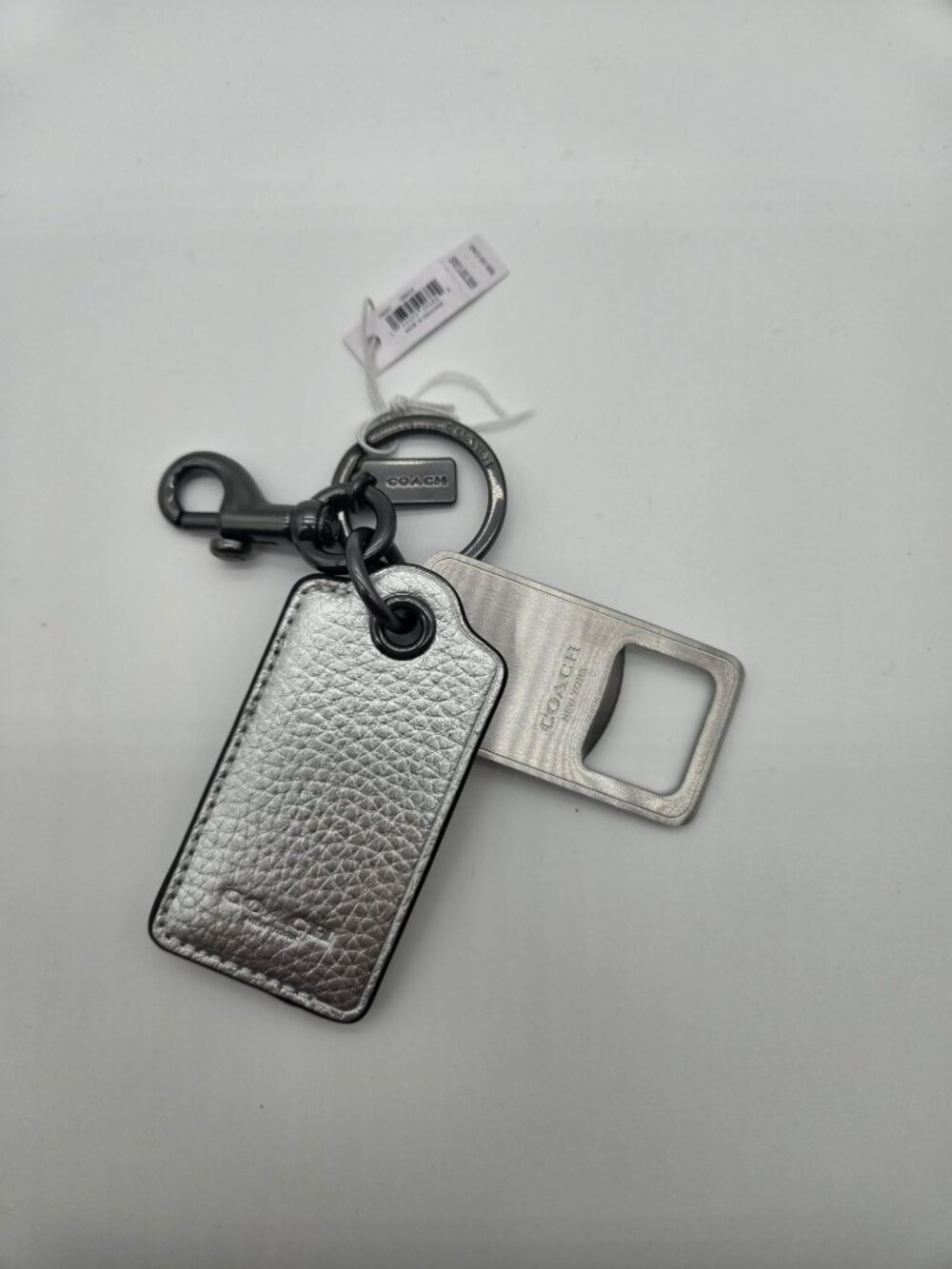 Coach CM207 Silver Metallic Leather Bottle Opener Key Fob Bag Charm NWT
